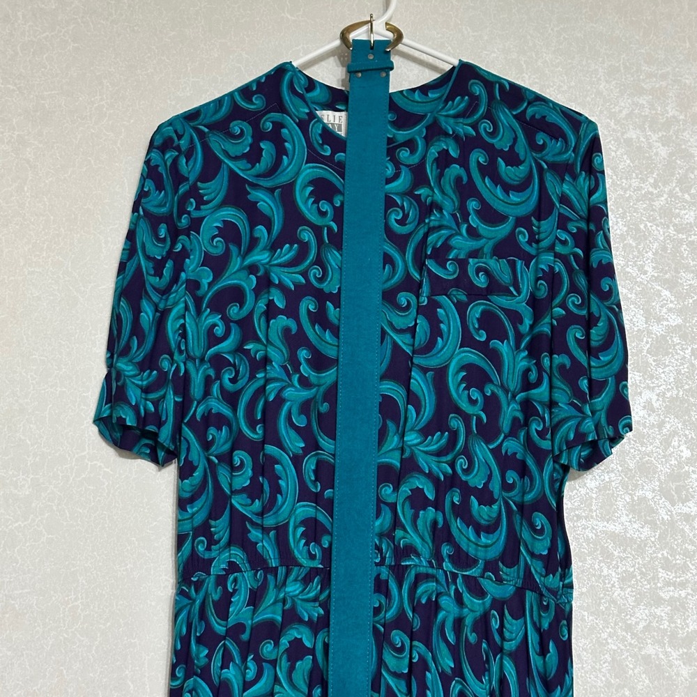 Leslie Fay Vintage Scroll Print Belted Midi Dress Rayon Teal Purple 12P